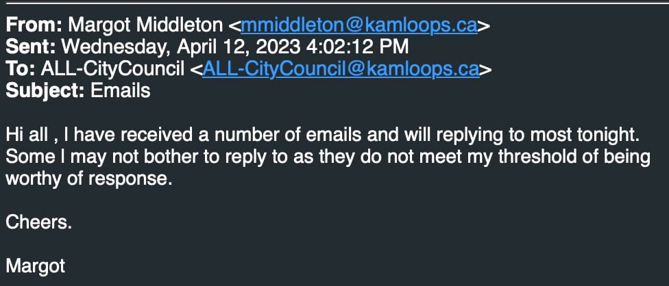 Email message from Councillor Middleton to all council members