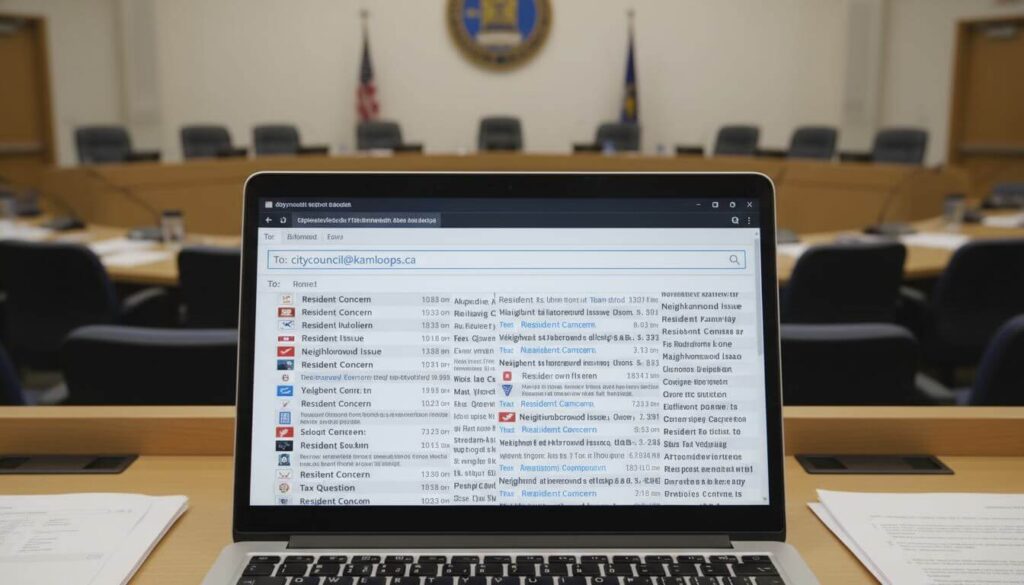 Laptop showing email addressed to citycouncil@kamloops.ca
with resident messages about Kamloops City Council issues.