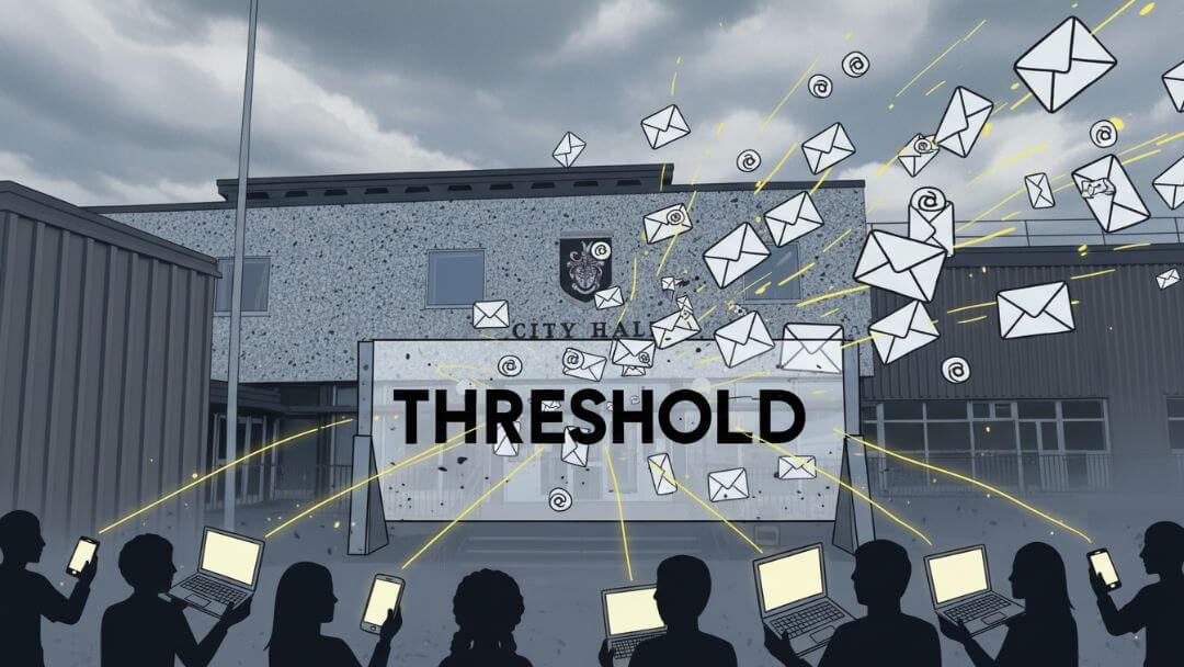 worthy-of-response-kamloops-council-email Illustration of emails sent to Kamloops City Council encountering a “threshold” barrier representing responses to resident emails.