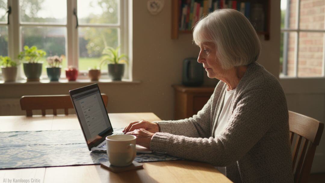 Older adult using a laptop at a kitchen table