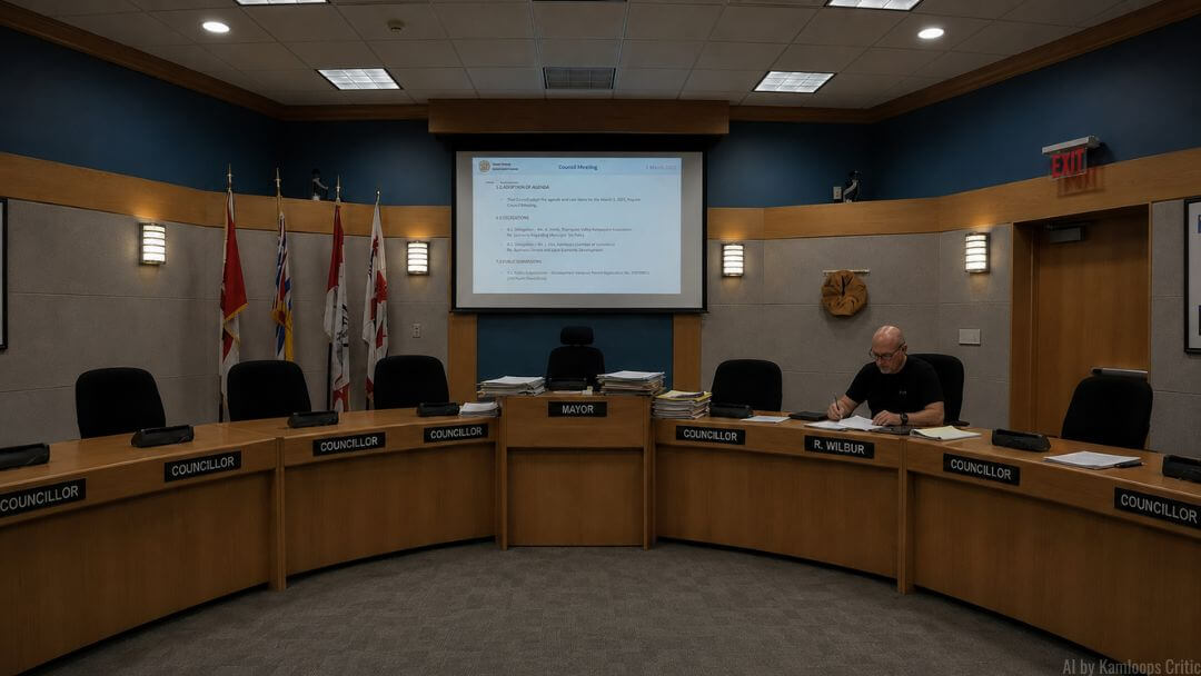 Richard Wilbur seated in Kamloops Council chamber reviewing documents