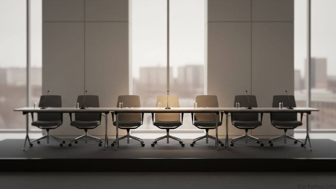 Single chair at the head of a conference table highlighted in an otherwise empty meeting room, symbolizing an uncontested leadership role