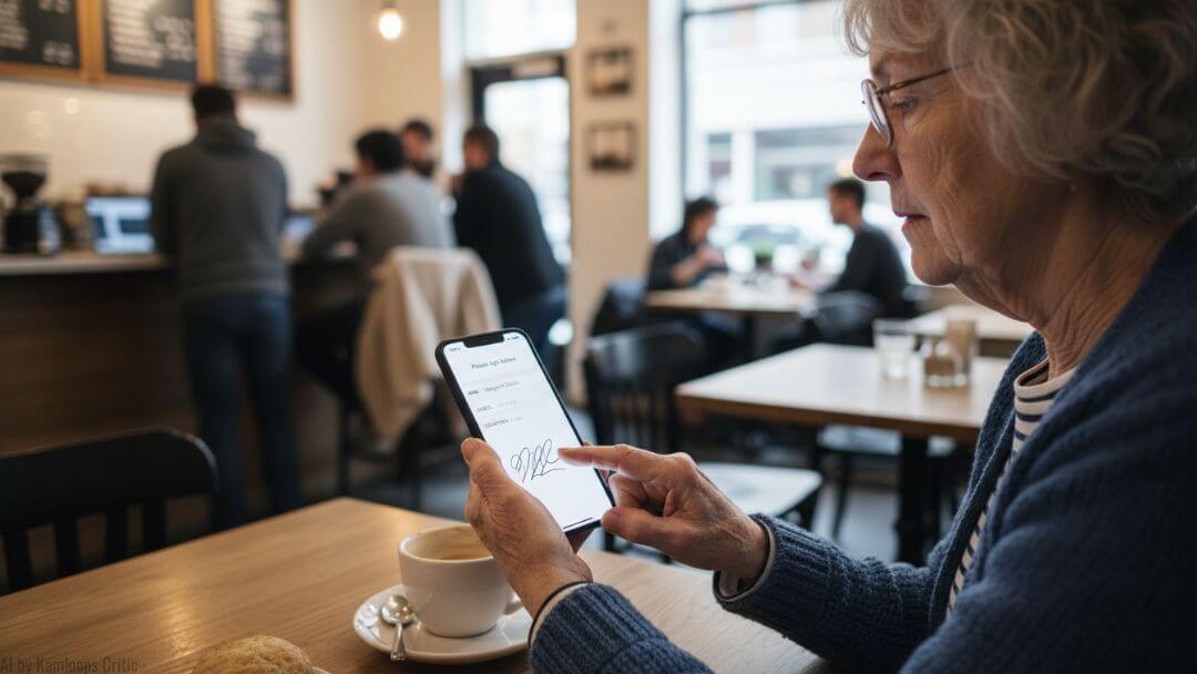 Resident signing a form electronically on a mobile phone