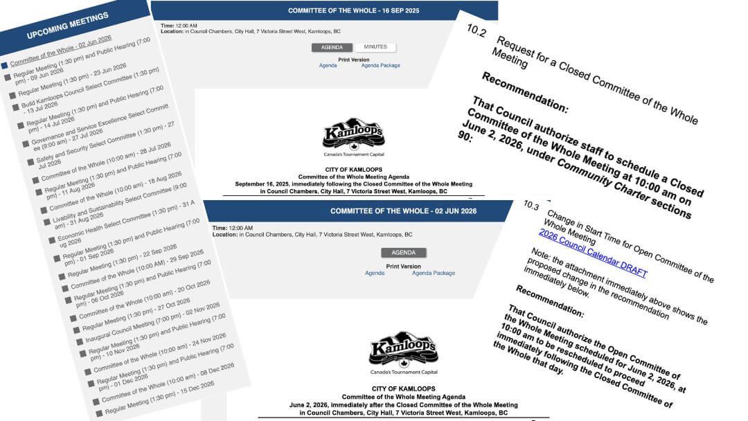 Screenshots of City of Kamloops meeting schedules and agenda documents showing a Committee of the Whole meeting rescheduled after a closed meeting.