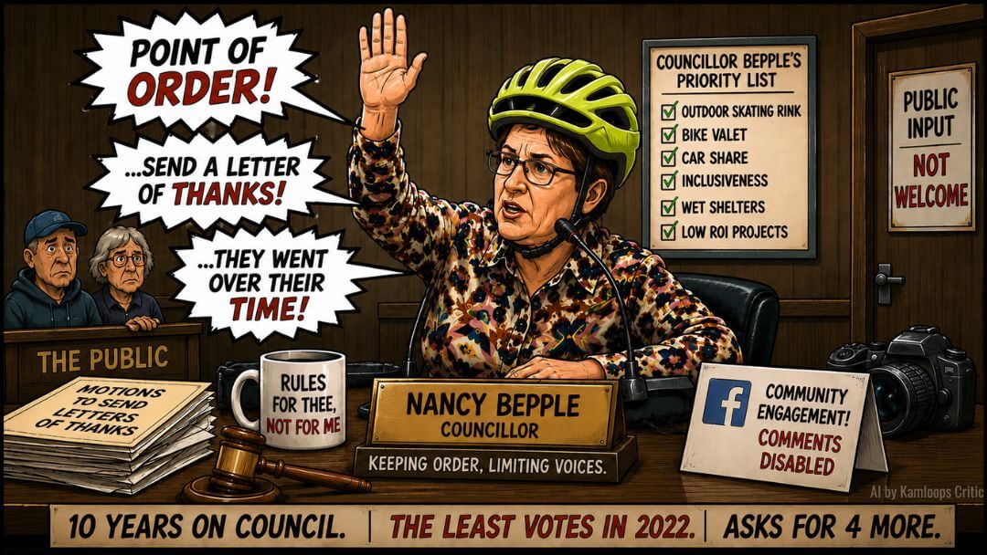Political satire illustration of Kamloops councillor Nancy Bepple during a council meeting, highlighting procedure, public engagement and her 2026 re-election campaign.