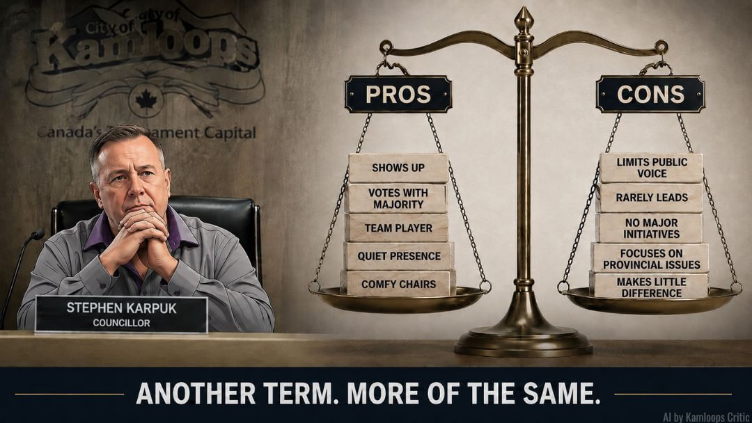 Stephen Karpuk candidate profile illustration showing a balance scale weighing the pros and cons of his first term on Kamloops City Council.
