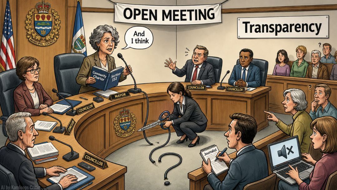 Political editorial cartoon depicting a municipal administrator cutting the Mayor's microphone during a council meeting.