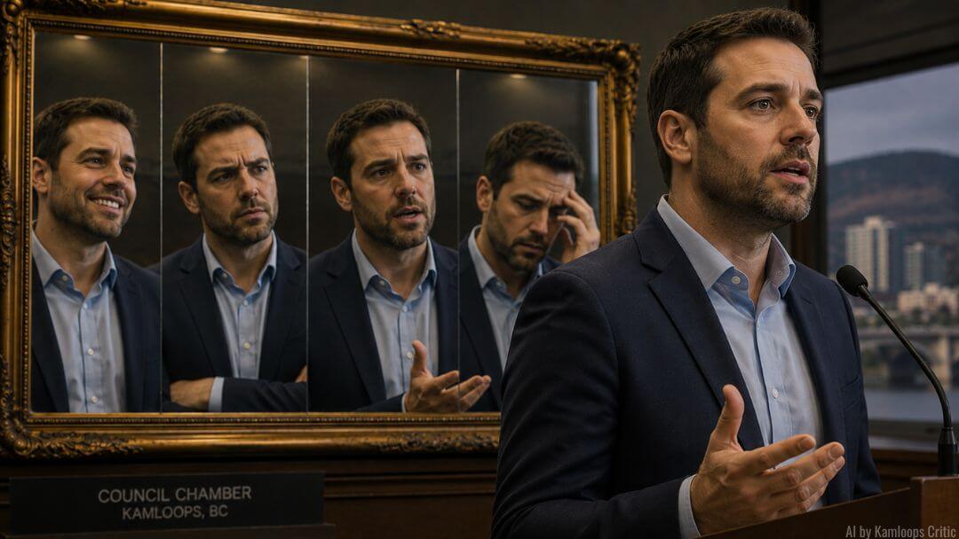 Editorial illustration of a male politician speaking at a council chamber podium, with a mirror showing different expressions of the same person.