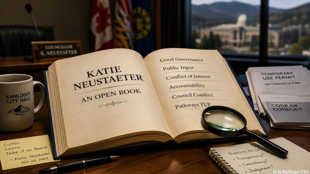 Open book titled “Katie Neustaeter — An Open Book” on a City Hall desk, with pages referencing good governance, public input, conflict of interest and accountability, alongside a magnifying glass and municipal documents.