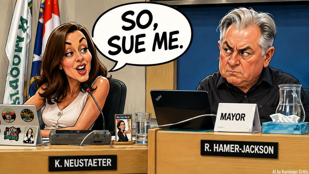 Editorial caricature of Katie Neustaeter telling Mayor Reid Hamer-Jackson “SO, SUE ME” during a Kamloops City Council meeting.