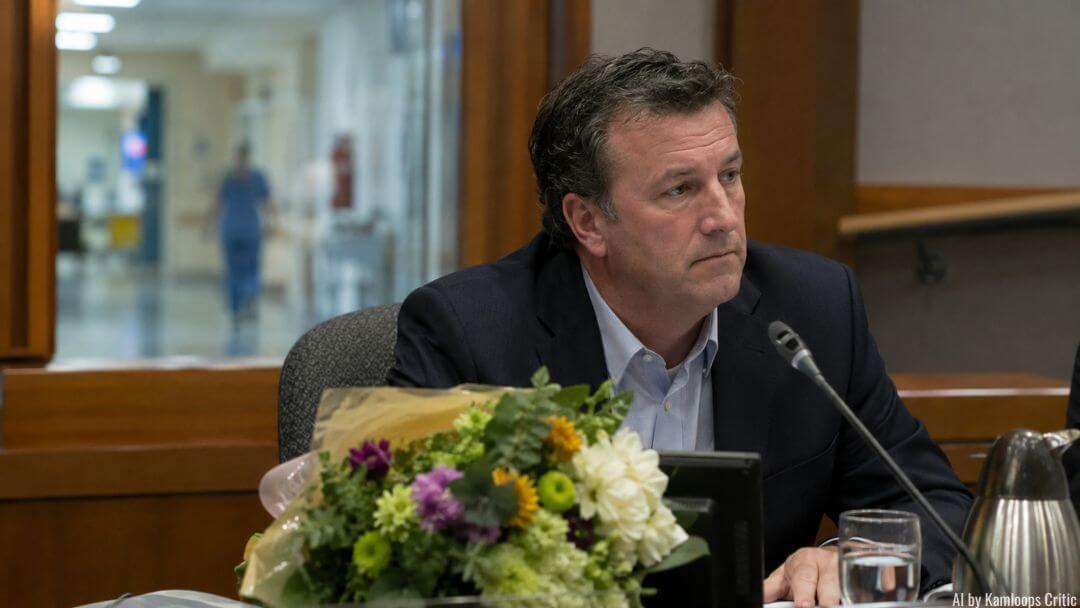 A fictitious council member at a council meeting with a bouquet of flowers in the foreground and a hospital corridor in the background
