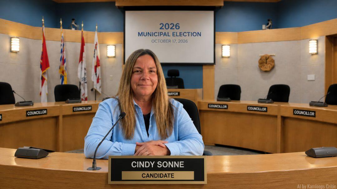 Cindy Sonne sits at a municipal council desk with a nameplate identifying her as a candidate.