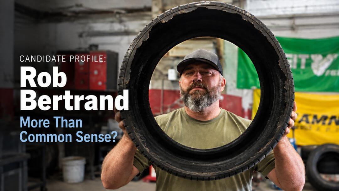 Rob Bertrand holds a worn tire in front of his face at a tire shop, with the text “Candidate Profile: Rob Bertrand — More Than Common Sense?” beside him.