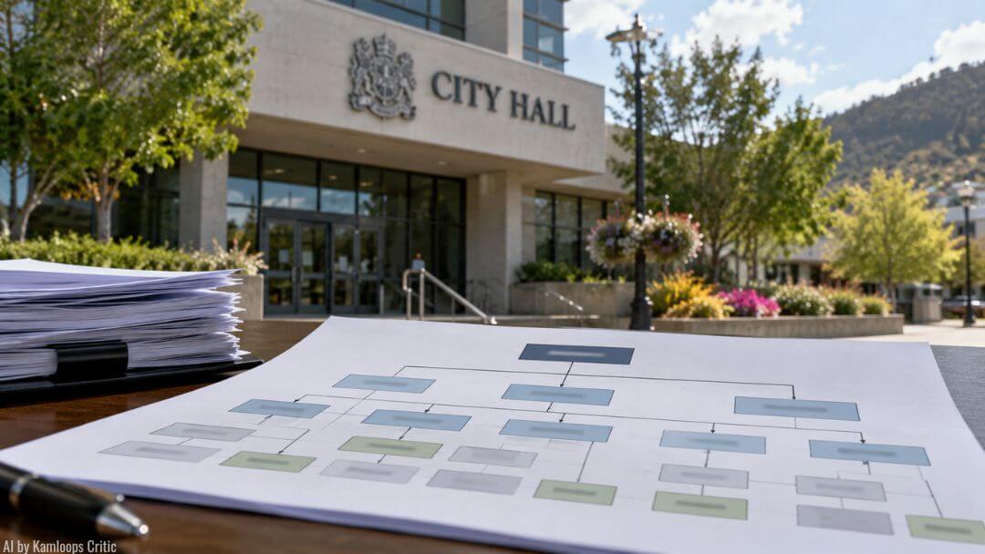 Kamloops City Hall and an organizational chart showing executive assistant positions