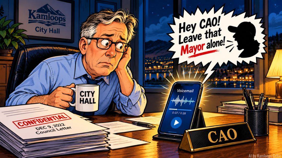 david-trawin-threat-call Editorial illustration of a former CAO listening to a reported threatening voicemail at his City Hall desk.