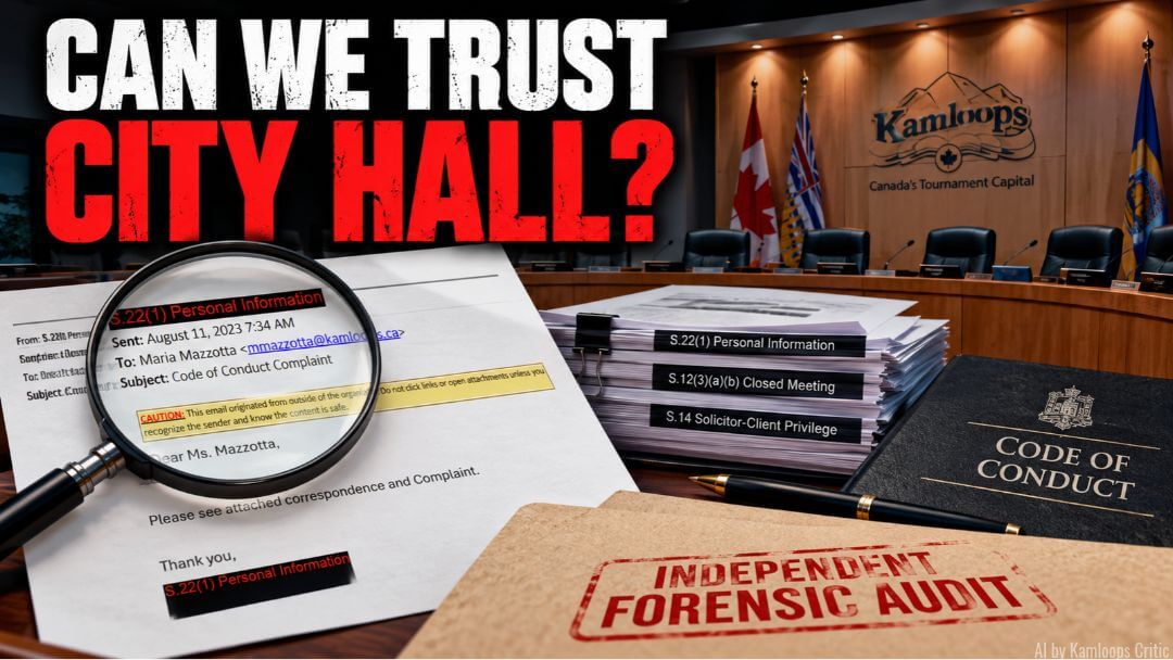 Kamloops City Hall council chamber behind a magnified August 11, 2023 Code of Conduct complaint email, redacted FOI documents, and a folder stamped “Independent Forensic Audit,” beneath the headline “Can We Trust City Hall?”