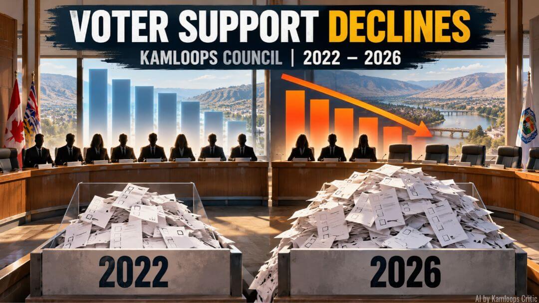 Editorial illustration comparing declining vote shares and council turnover among Kamloops incumbent councillors between 2022 and 2026.