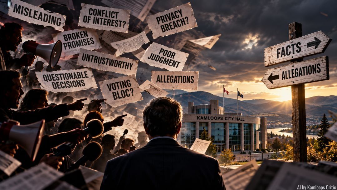 Political criticism and allegations surrounding Kamloops’ mayoral campaign, with a candidate facing accusations outside City Hall and signs contrasting facts with allegations.