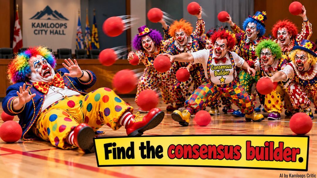Satirical dodgeball scene illustrating the question of consensus building at Kamloops City Hall.