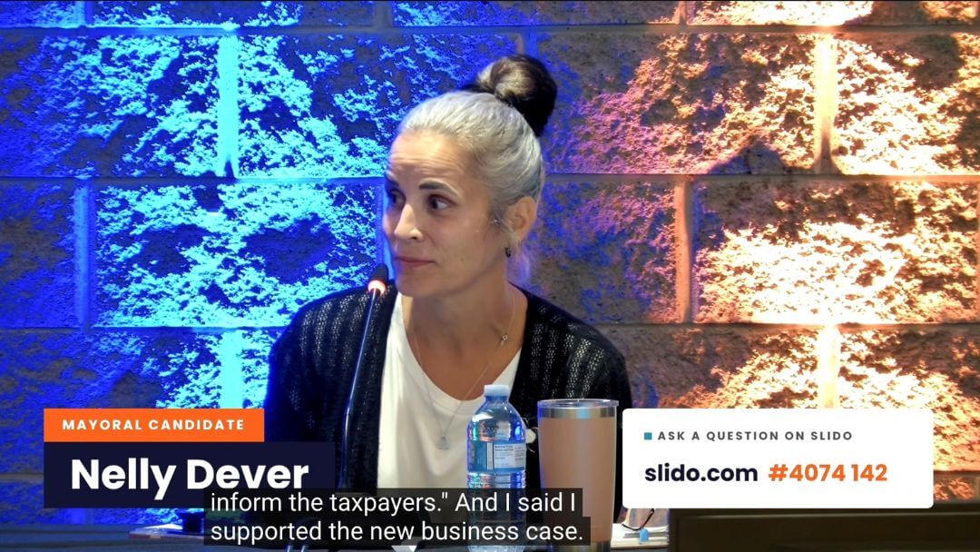 Nelly Dever responds to Mike O’Reilly during the September 23, 2026, Kamloops mayoral forum.