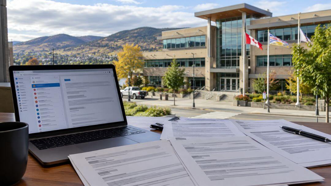 Kamloops City Hall and an email chain representing municipal administration